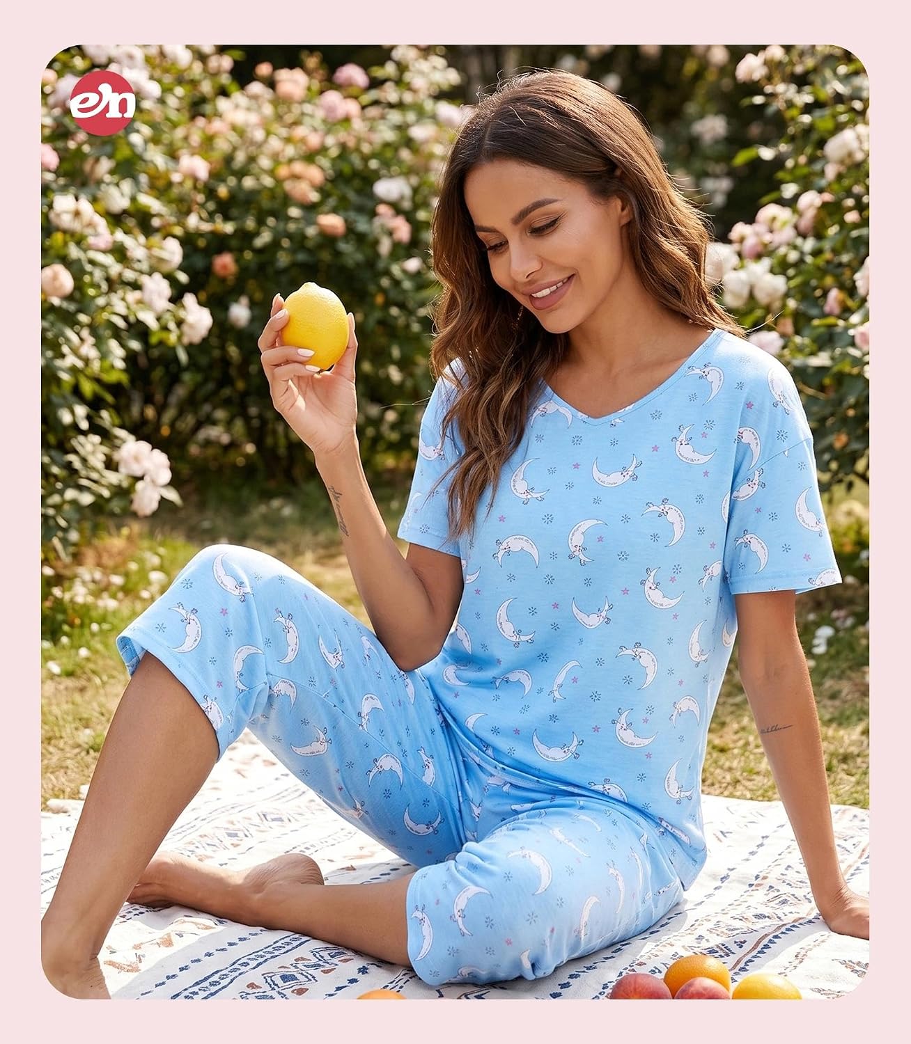 ENJOYNIGHT Womens Pajama Set Cotton Short Sleeve Top With Capri Pants Pj
