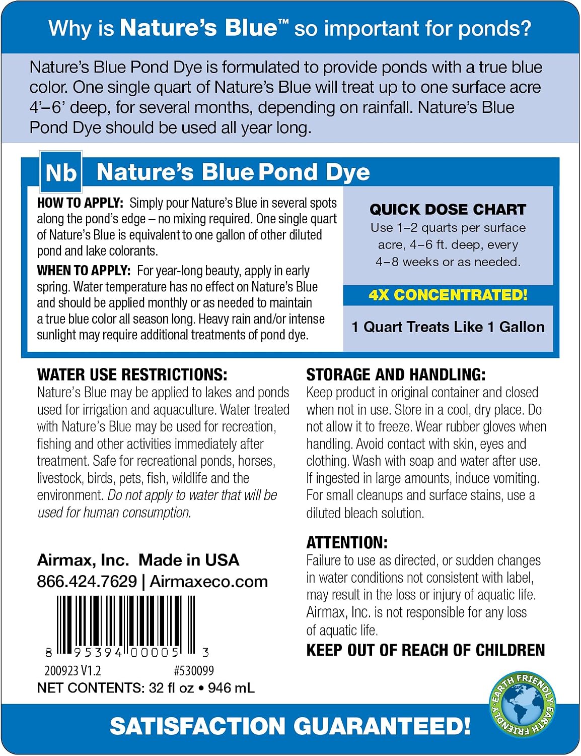 Airmax Pond Dye Plus, Nature's Blue Pond & Lake Water Colorant, 1 Gallon | Natural beneficial bacteria clarifier shades plants and algae from sunlight; fish and livestock safe