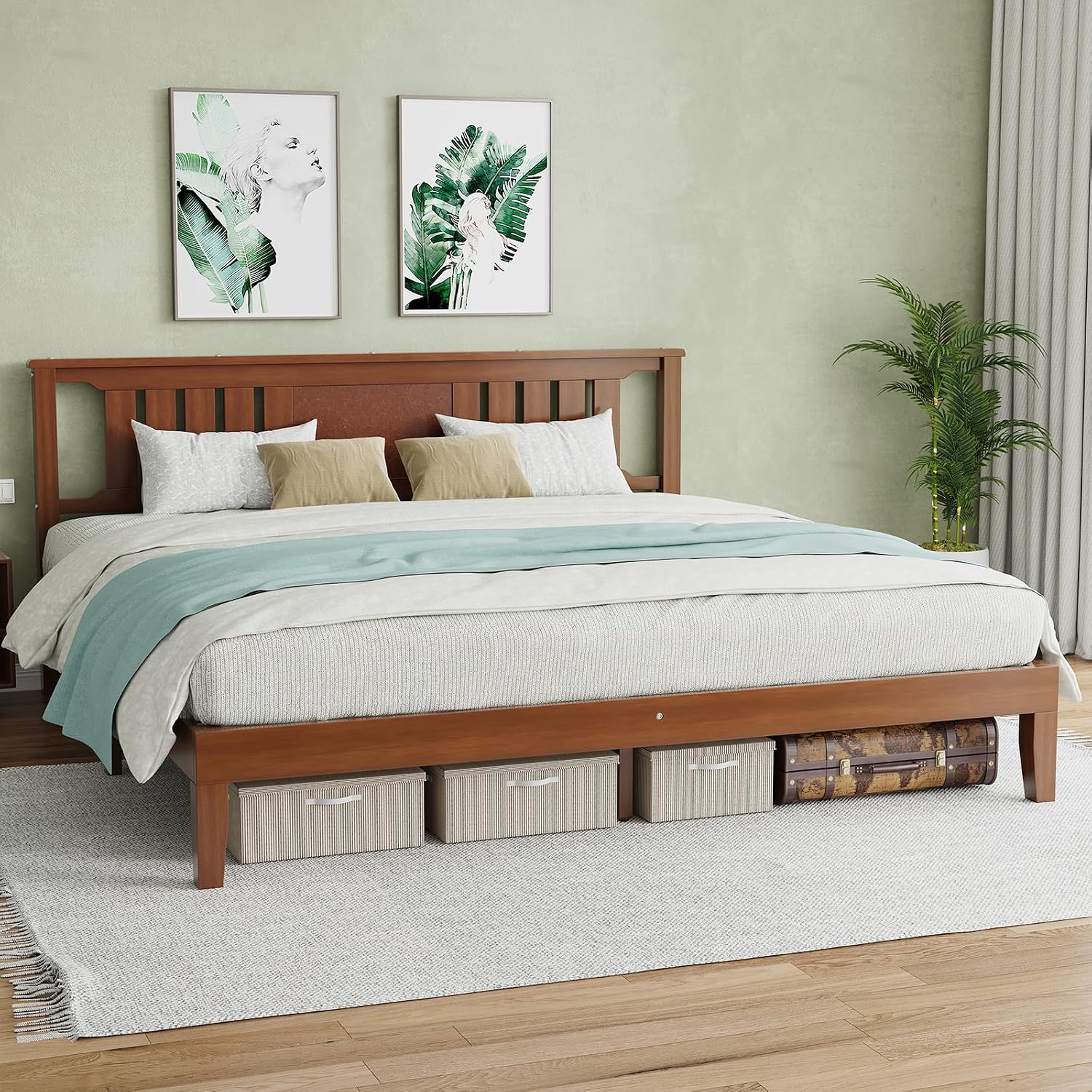 Solid Wood Bed Frame, Queen Size Platform Bed Frame with Headboard, Sturdy Wood Slat Support, Heavy Duty, No Box Spring Needed, Noise-Free, Easy Assembly