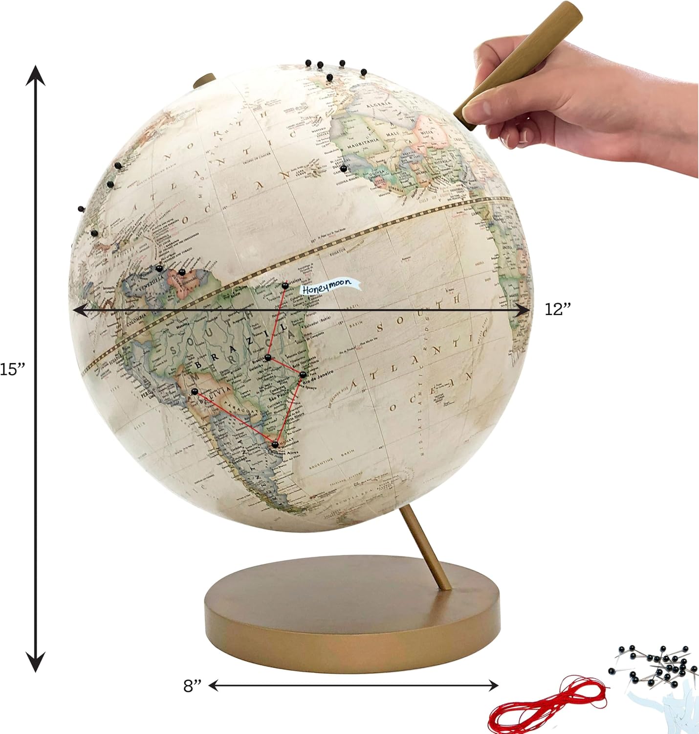 Wendy Gold Studios Classic Push Pin Globe, Ivory - World Travel Globe with Push Pins to Track Your Travels