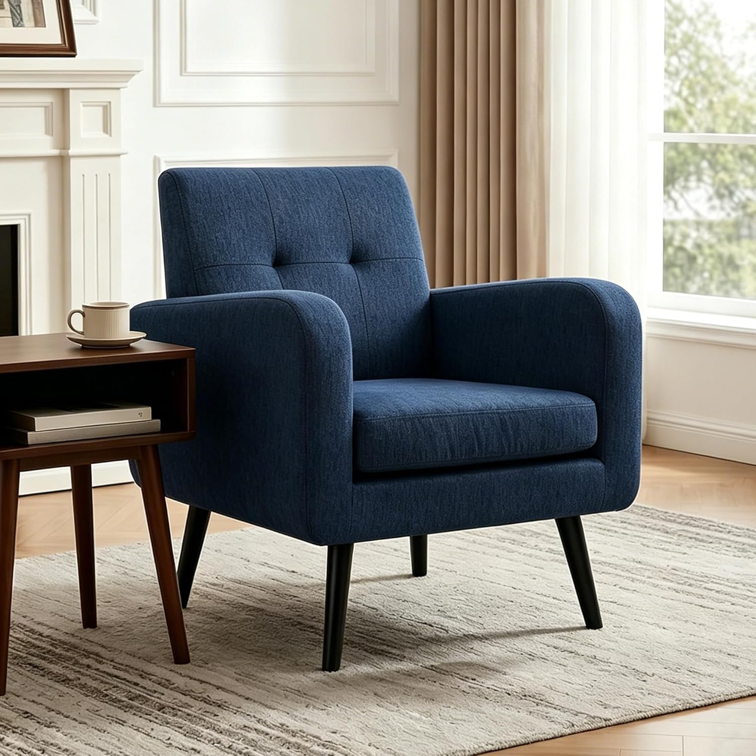 LSSPAID Modern Accent Chairs, Upholstered Fabric Cozy Armchairs, Living Room Side Chair with Solid Wood Legs, Blue