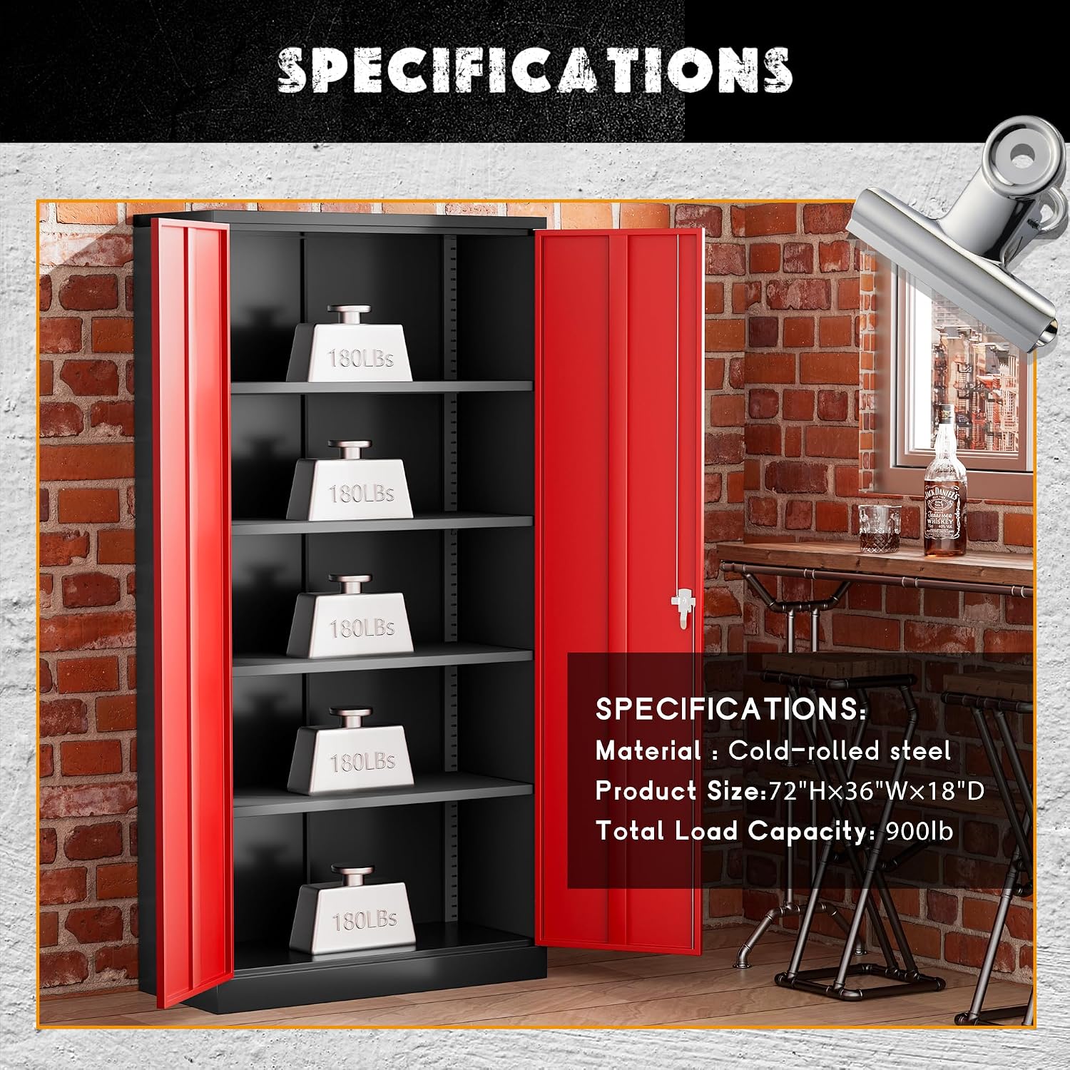 Greenvelly Steel SnapIt Storage Cabinet, 72" Locking Metal Garage Storage Cabinet with 4 Adjustable Shelves, 2 Doors and Lock for File, Office, Garage
