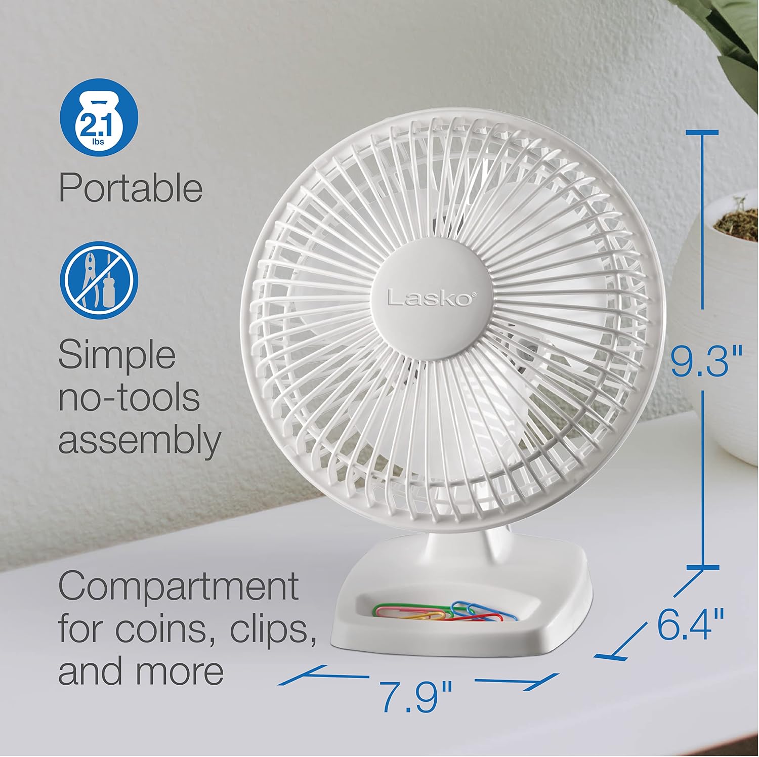 Lasko Personal Table Fan with Storage Tray, 2 Quiet Speeds, Tilt-Back Fan Head for Home Office, Bedroom, 6", White, 2002W