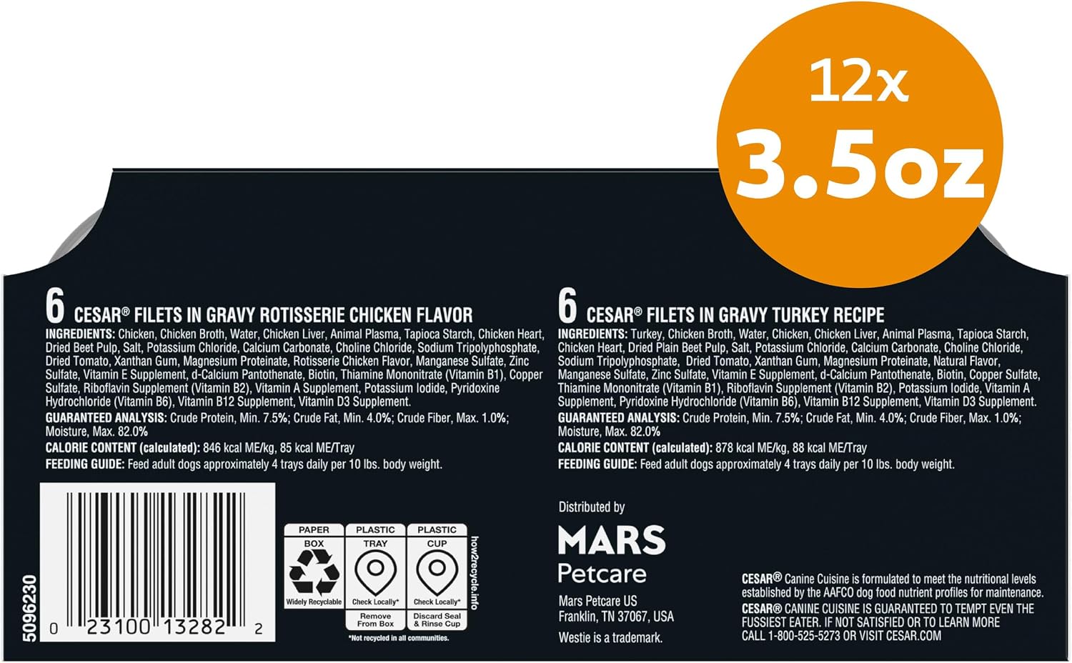 Cesar Filets in Gravy Wet Dog Food, Steak Mix Variety, 3.5 oz, 24 Count | Filet Mignon, New York Strip & Prime Rib, real meat, slow-cooked, no fillers/added sugar/artificial flavors, easy peel trays