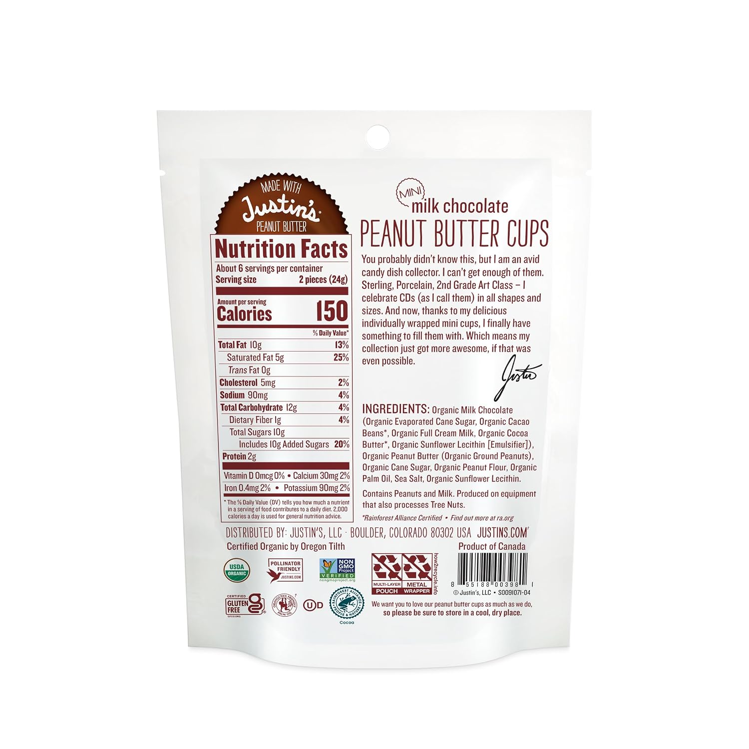 Justin's, Mini Peanut Butter Cups, Milk Chocolate, 4.7 oz