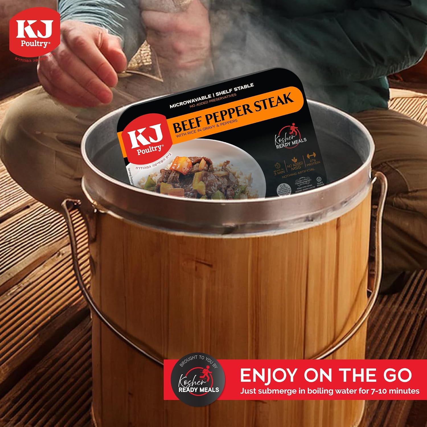 KJ Poultry Kosher Ready Meals - Beef Pepper Steak & Rice, MRE Meat Meals Ready to Eat (1 Pack) Prepared Entree Fully Cooked, Shelf Stable Microwave Dinner Travel, Military, Camping, Emergency Survival