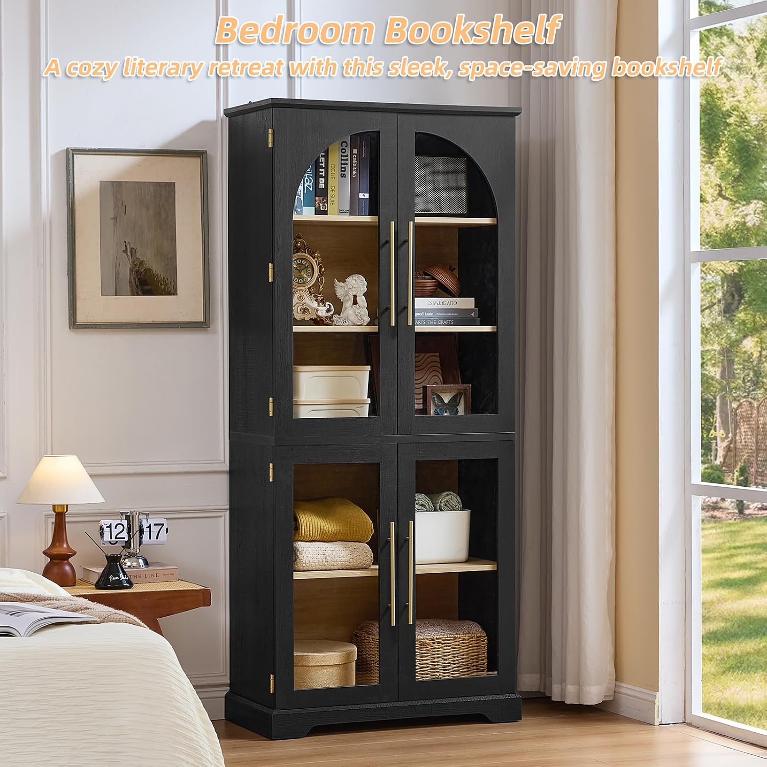 Joaxswe 72" Tall Bookshelf with 4 Curved Glass Doors, Farmhouse Bookcase with 3-Tier Adjustable Shelves, Modern Living Room Display Cabinet, Large Storage Cabinet for Home Office,Dining Room, Natural