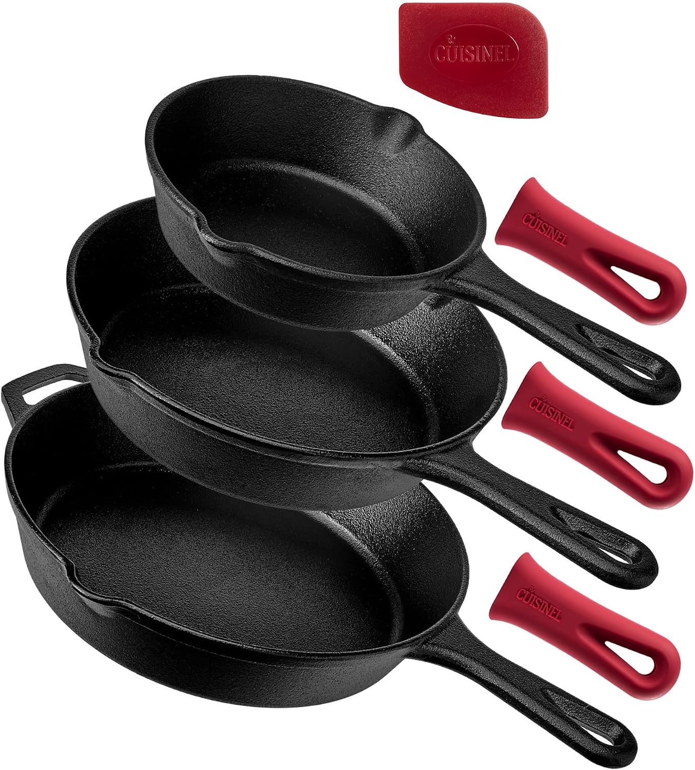 Cast Iron Skillet - 10"-Inch Frying Pan with Pour Spouts + Pan Scraper + Silicone Grip Handle Cover Holder - Pre-Seasoned Oven Cookware - Indoor/Outdoor Use - Stovetop, Induction. PFAS and PFOA-free