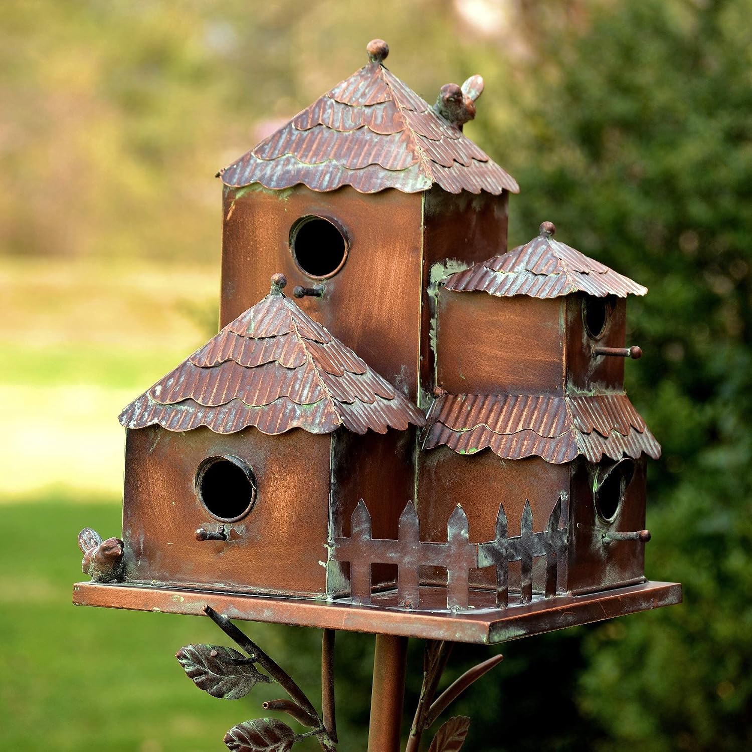 Large Copper Colored Multi-Birdhouse Stakes, Room for 4 Bird Families in Each (Cube Homes with Pyramid Roofs)