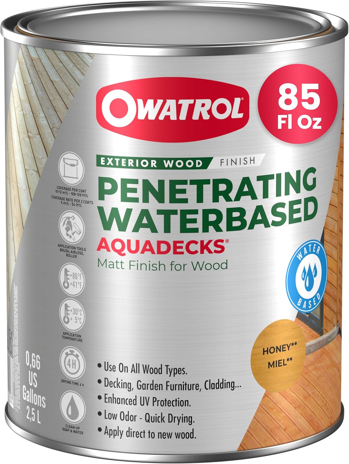OWATROL Aquadecks, Wood Stain and Sealer, Matt Finish, 85 Oz, Teak | Protects Wood from UV & Moisture, Wood Stain & Sealer for Decks, Fences & Furniture, Water-Based, Won't Peel or Flake, Matt