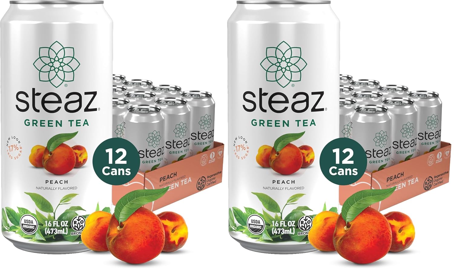 Steaz - Organic Green Tea - Peach (12 Pack) - 30mg Natural Caffeine, 70 Calories,Cane Sugar - Sweetened Iced Tea - Regenerative Organic Certified®️ - Vegan, Direct Trade - 12 Cans, 16 fl oz