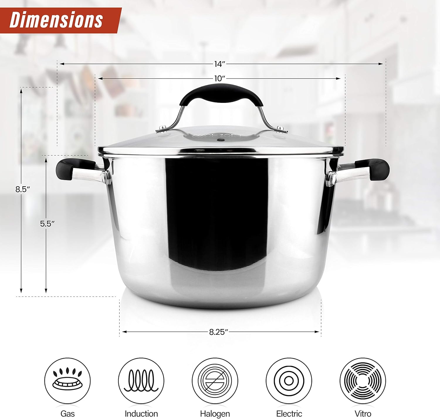 AVACRAFT 6 Quart Stainless Steel Stock Pot with Glass Strainer Lid | 5-Layer Capsule Base, Tempered Glass Strainer Lid, Drip-Free Pour Spouts, Induction Compatible, Dishwasher Safe