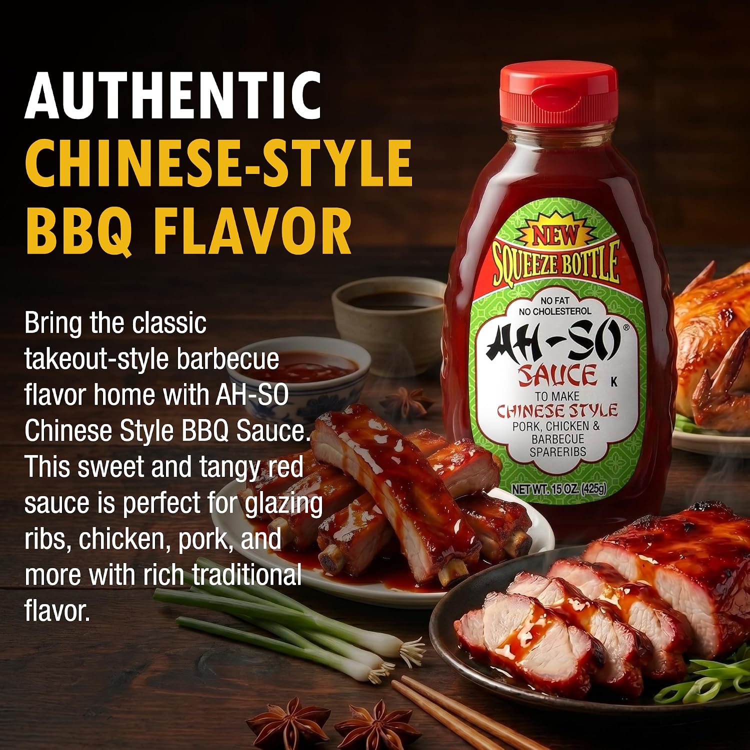 Ah-So Chinese-Style BBQ Sauce, Red Rib 15 oz Squeeze Bottle – Sweet & Tangy Spare Rib Marinade and Glaze for Pork, Chicken & Wings; Classic Takeout Flavor, Ready to Use.