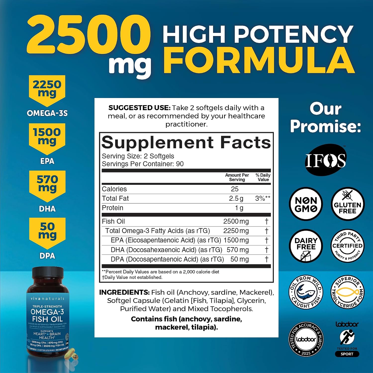 Viva Naturals Triple Strength Omega 3 Fish Oil Pills – 2500 mg High-Potency Formula with 2250 mg Omega 3 Fatty Acids (Including EPA, DHA, DPA) in rTG Form for Absorption – IFOS Certified, 90 Softgels