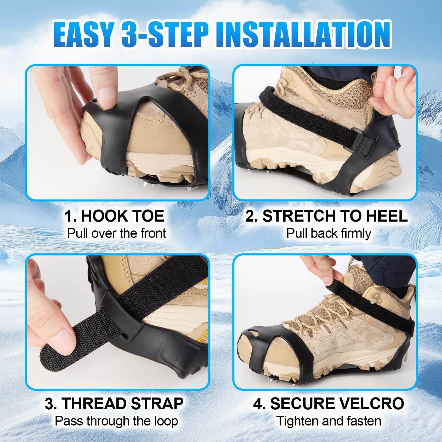 Ice Cleats for Shoes and Boots, Silicone Crampons, 11 Stainless Shoe Spikes for Snow and ice, Heavy Duty Traction for Hiking, Climbing &Mountaineering