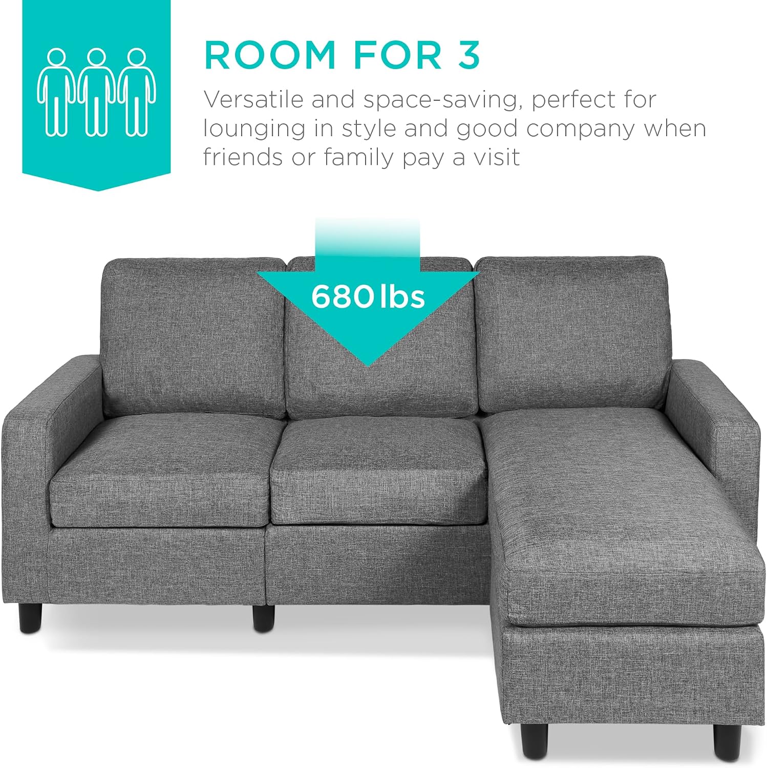 Best Choice Products Upholstered Sectional Sofa for Home, Apartment, Dorm, Bonus Room, Compact Spaces w/Chaise Lounge, 3-Seat, L-Shape Design