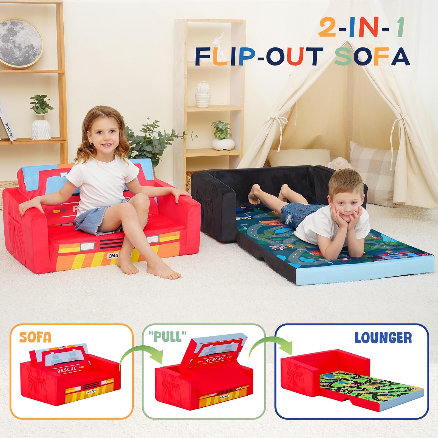 MallBest Kids Sofas Children's Sofa Bed Baby's Upholstered Couch Sleepover Chair Flipout Open Recliner(Red/Fire Truck)