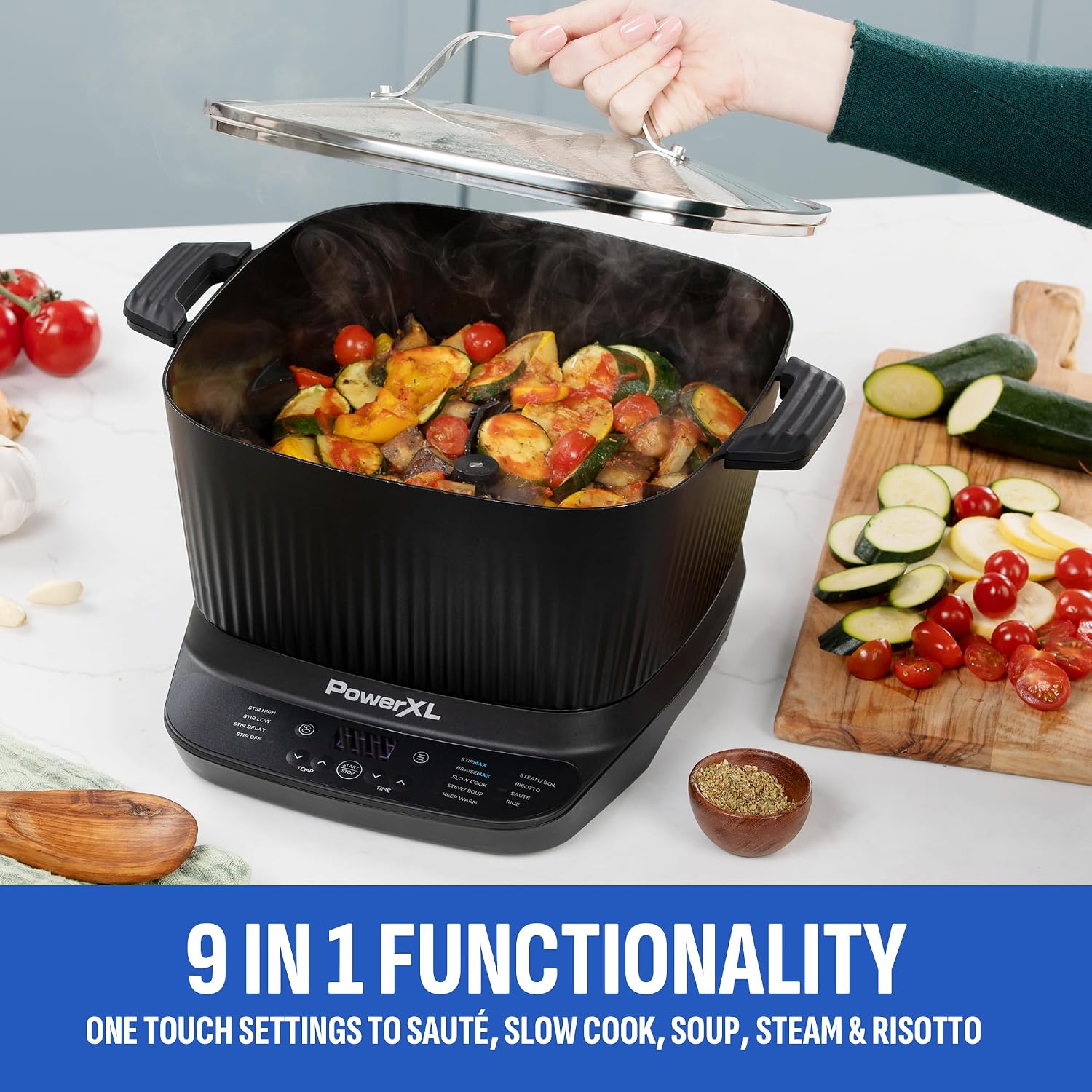 STIRMAX PLUS 7.5QT Digital Multi-Cooker with Auto Stir | 9-in-1 multicooker with automatic stirring, sauté, sear and 7.5QT family-size capacity.