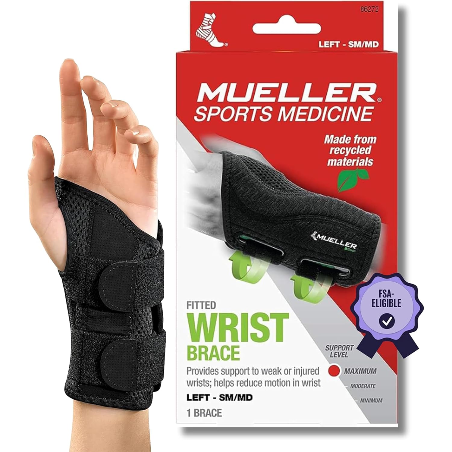 MUELLER Sports Medicine Green Fitted Wrist Brace for Men and Women, Wrist Pain Relief Support, Ideal for Carpal Tunnel, Tendonitis, Arthritis, Right Hand, Black, Small/Medium