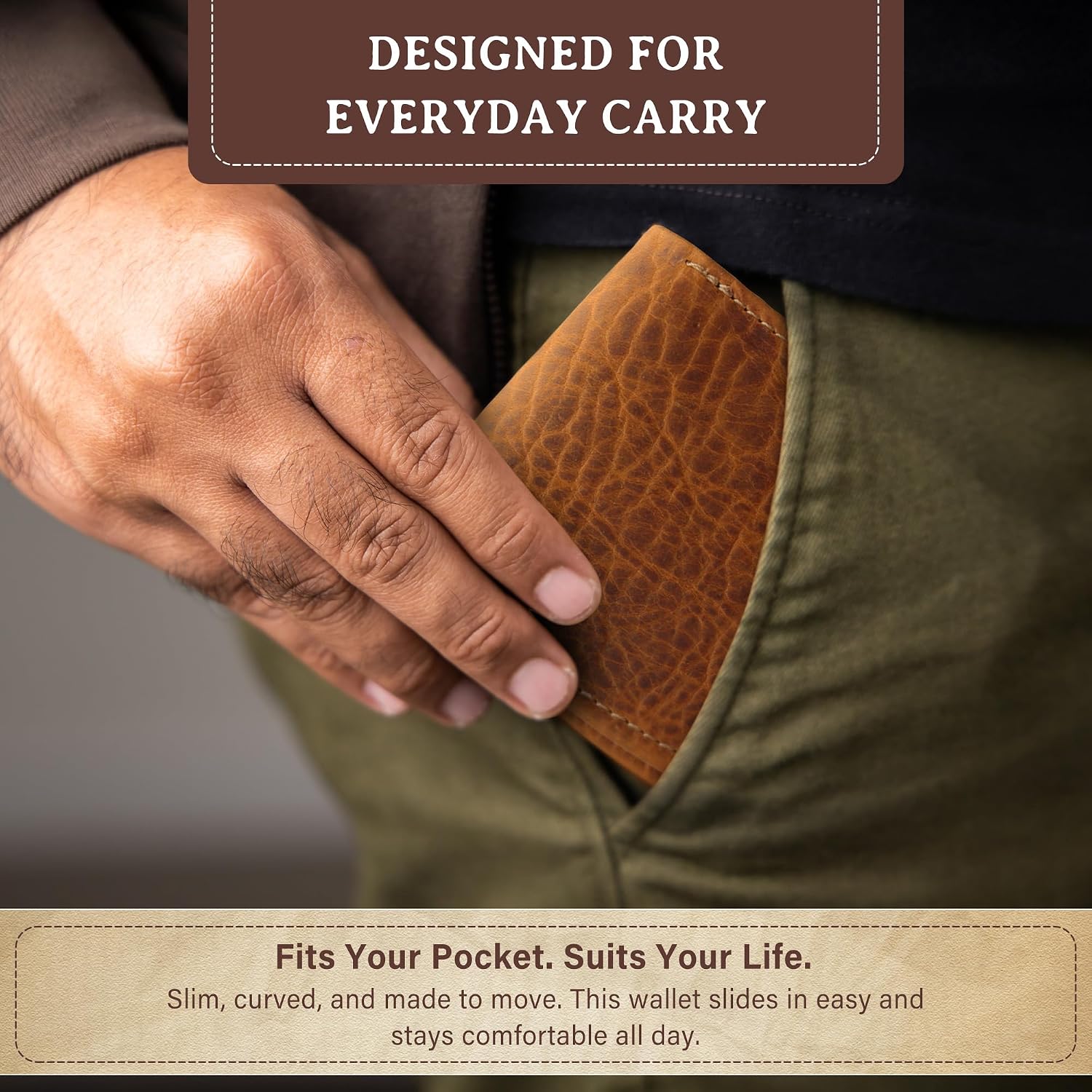 Genuine Bison Leather Wallet for Men, RFID Slim, Brown | Genuine bison leather wallet for men with RFID blocking and curved front pocket fit. Rugged slim everyday carry, brown.