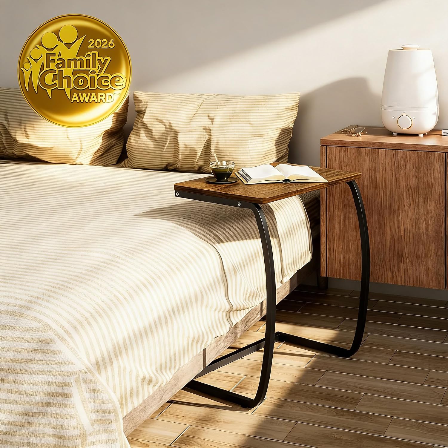 SRIWATANA Walnut C Shaped Side Table, Vintage End Table for Sofa Couch Bed