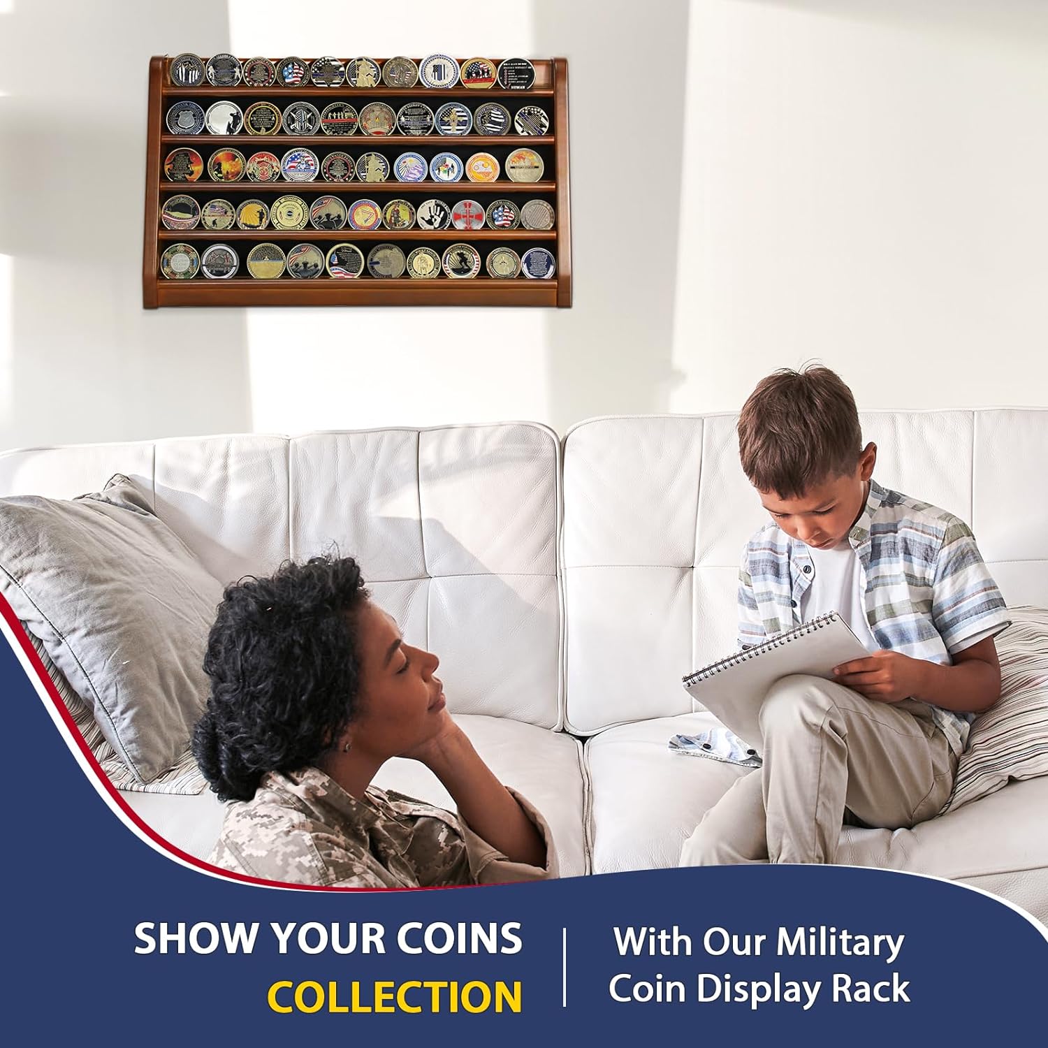 ASmileIndeep 3 Rows Wooden Challenge Coin Wall Display Stand - Military Coin Holder Army Coins Rack, Holds 21-24 Coins, Mahogany