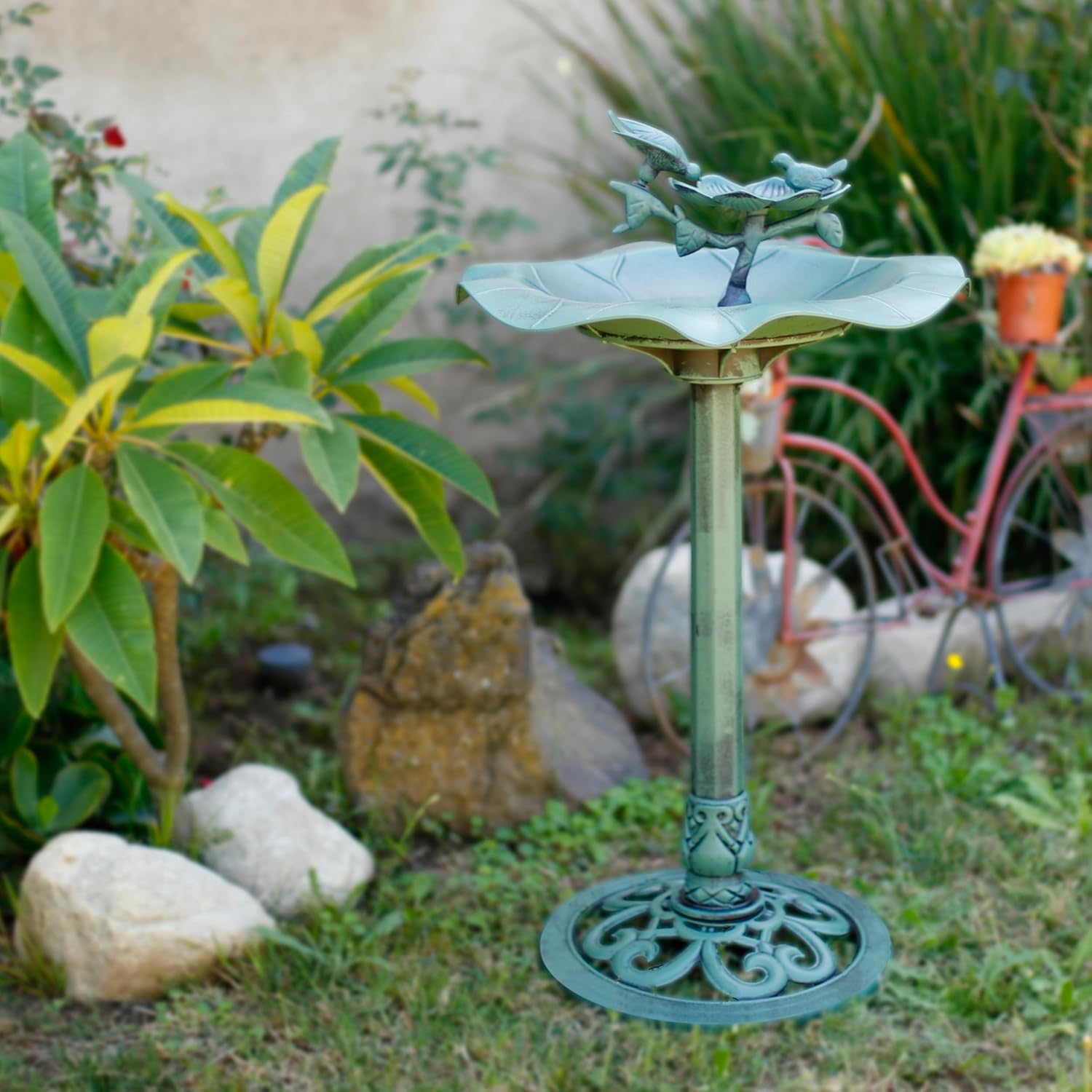 Alpine Corporation 33" Tall Outdoor Lotus Birdbath Yard Statue, Stunning Garden Accent to Attract Birds - Durable Polypropylene Construction for Patio, Deck, or Yard, Green