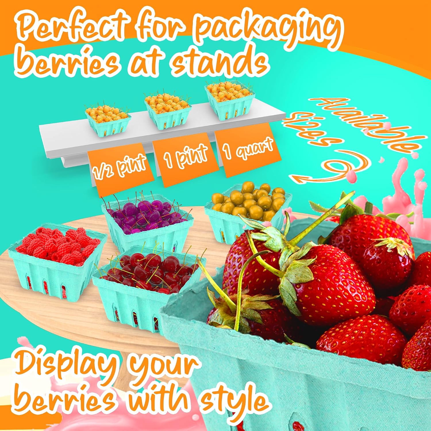MT Products Green Berry Basket 1 Quart - Molded Pulp Fiber Vented Produce Basket (Pack of 15) - Made in the USA