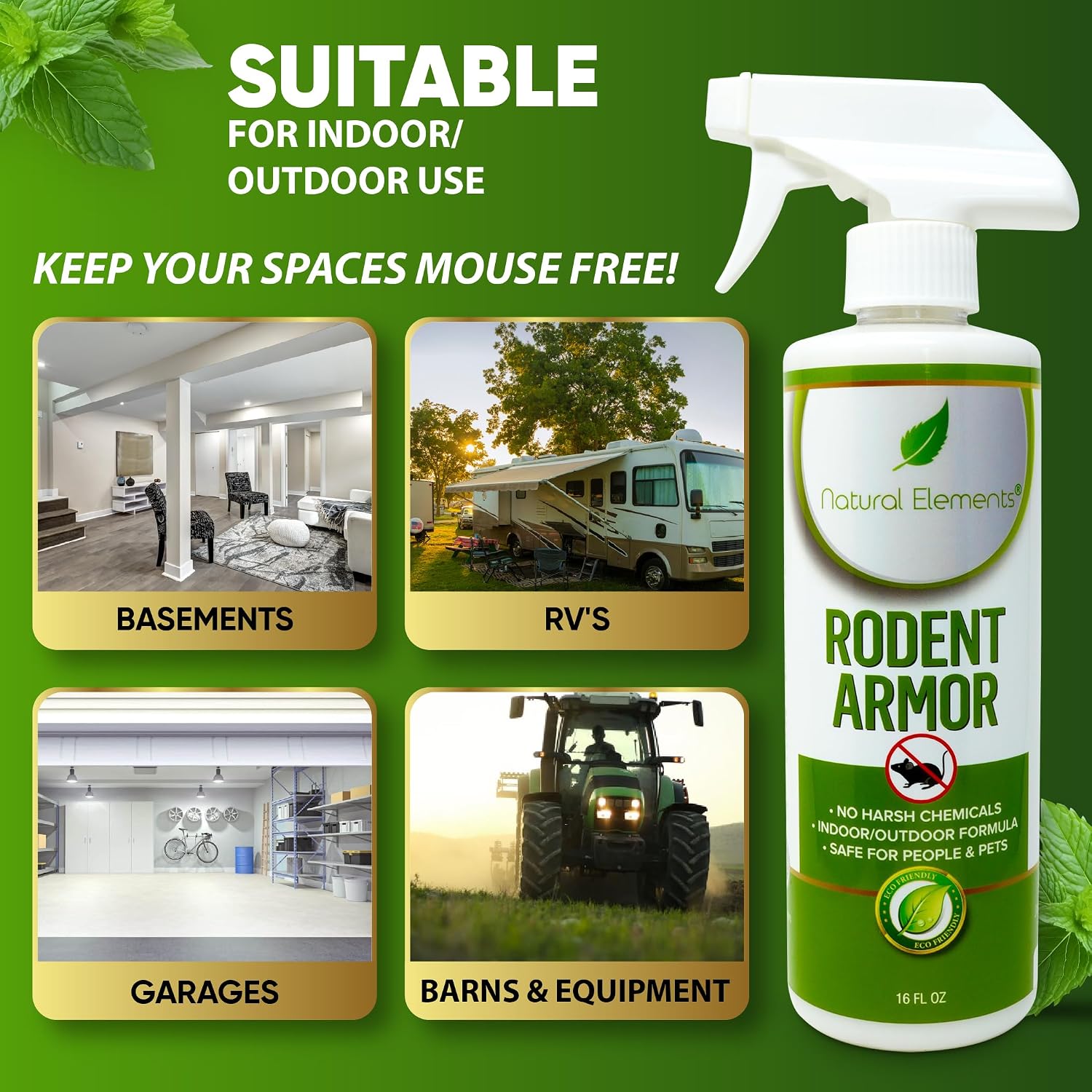 Natural Elements Rodent Armor – Peppermint Oil Rodent Repellent Spray for Vehicles, RVs, Boats & Equipment – 16 oz