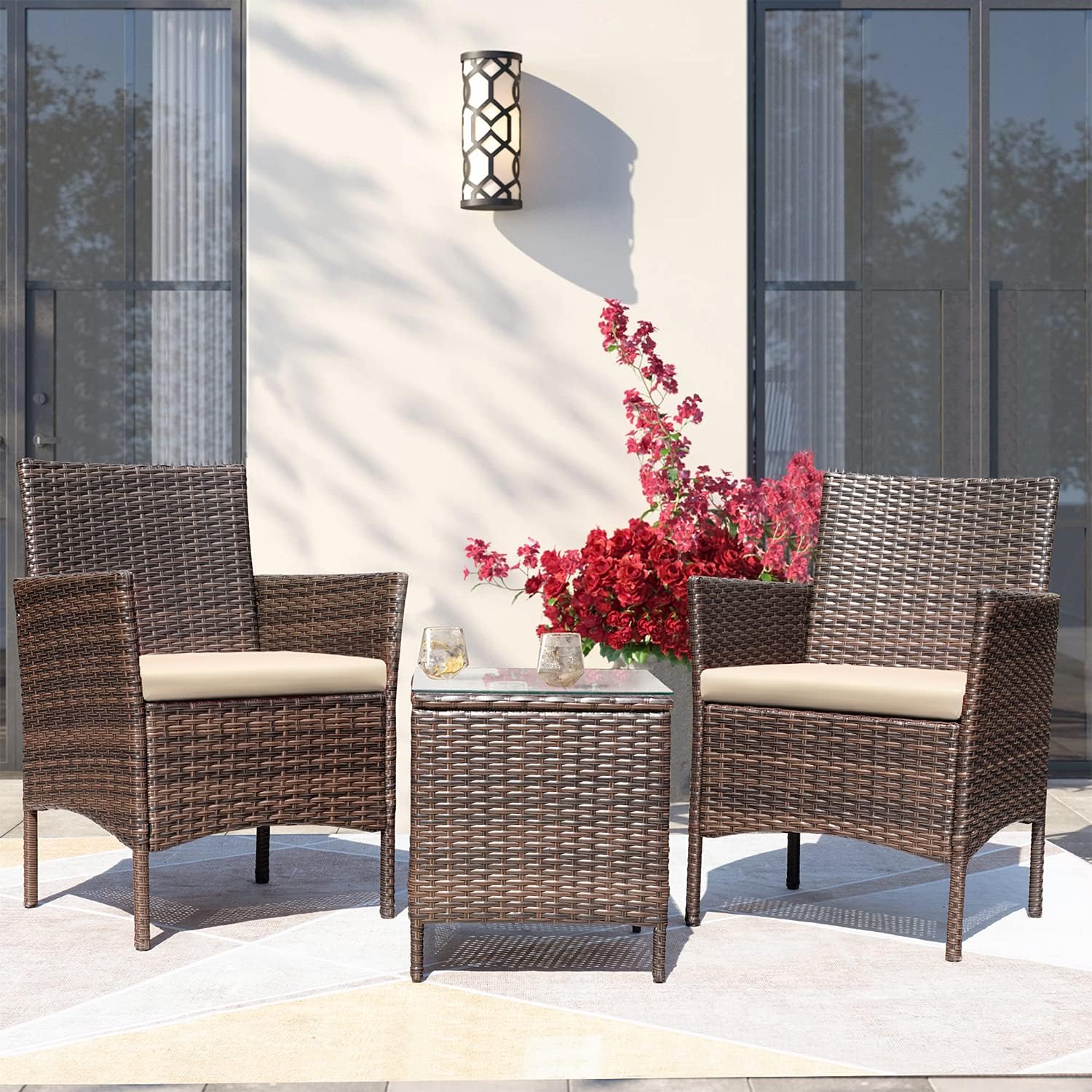 Greesum 3 Pieces Patio Furniture Sets Outdoor PE Wicker Chairs,Beige