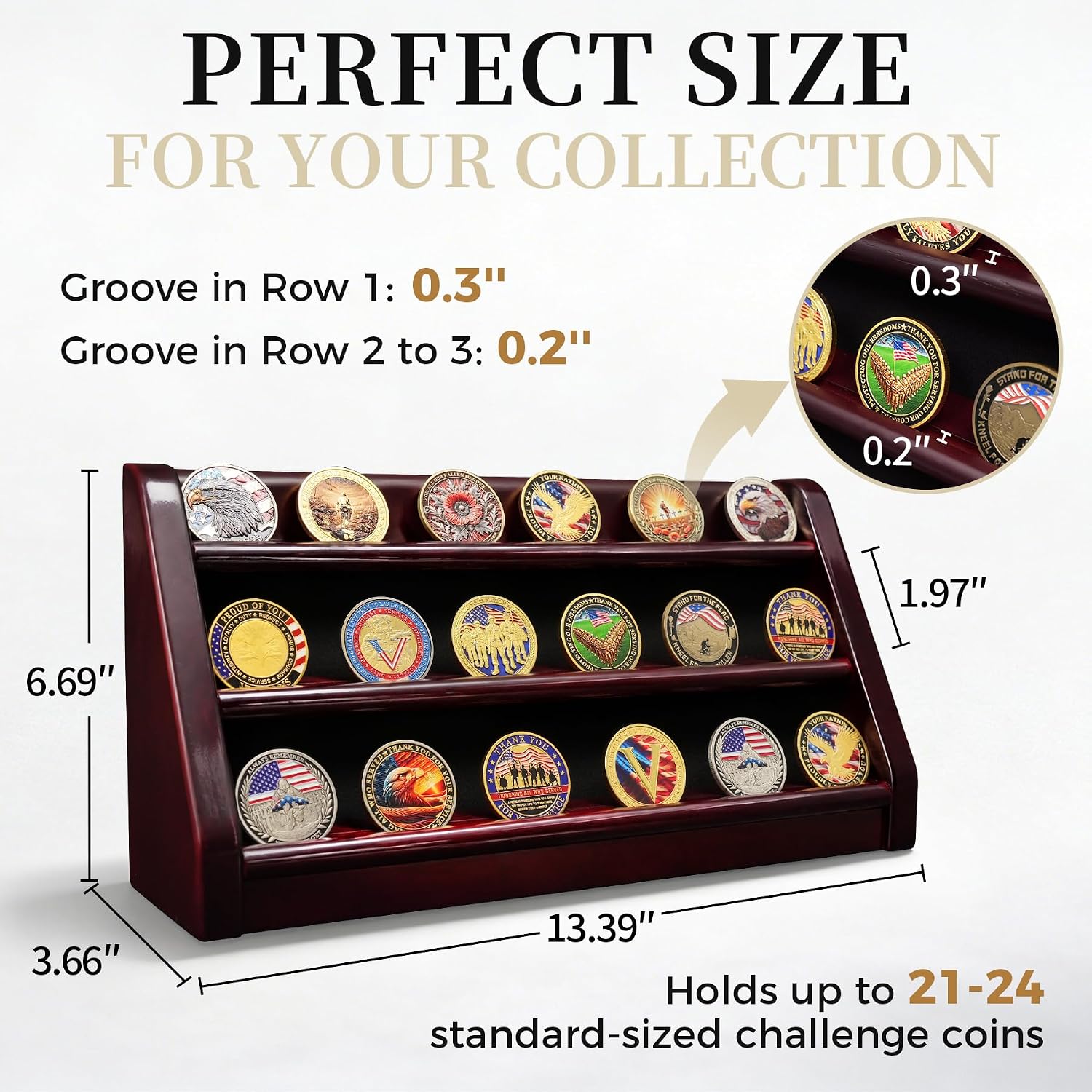 ASmileIndeep 3 Rows Wooden Challenge Coin Wall Display Stand - Military Coin Holder Army Coins Rack, Holds 21-24 Coins, Mahogany
