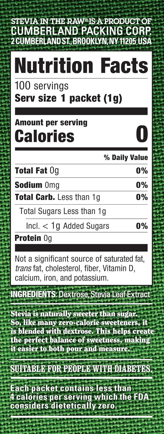 Stevia In The Raw, Plant Based Zero Calorie, No Erythritol, Sugar Substitute, Sugar-Free Sweetener for Coffee, Hot & Cold Drinks, Suitable For Diabetics, Vegan, Gluten-Free, 100Count Packets (1 Pack)