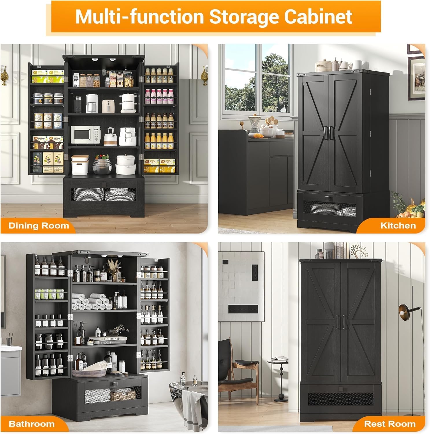 kepptory 47” Pantry Cabinet, Kitchen Pantry Storage Cabinet with Doors and Adjustable Shelves,Freestanding Buffet Cupboards Sideboard for Living Room and Dinning Room (White)