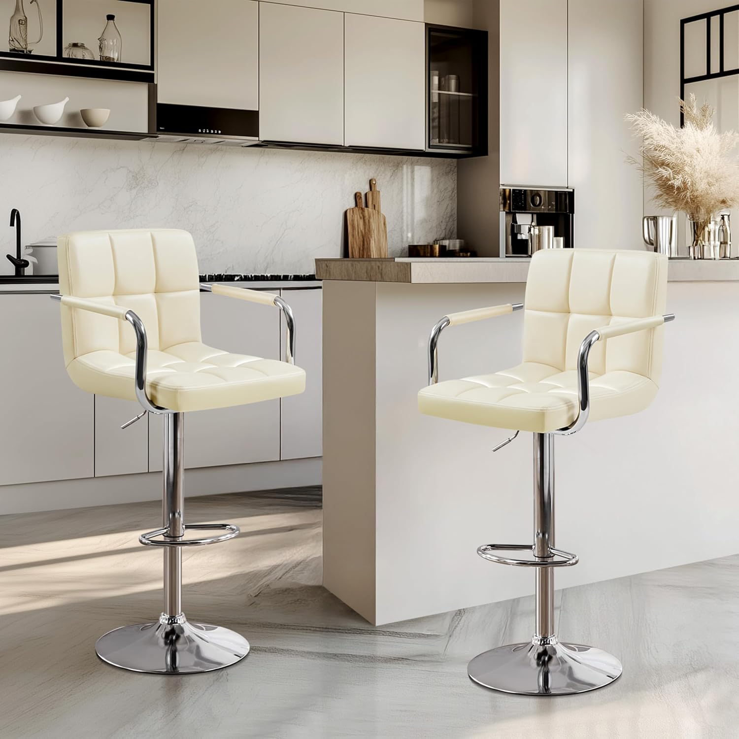 Yaheetech Bar Stools Set of 2, Swivel with Backs, Adjustable Height, White | 360° Swivel Barstools Feature Padded PU Leather Seats, Supportive Backs, 300 lb Capacity for Kitchen Islands