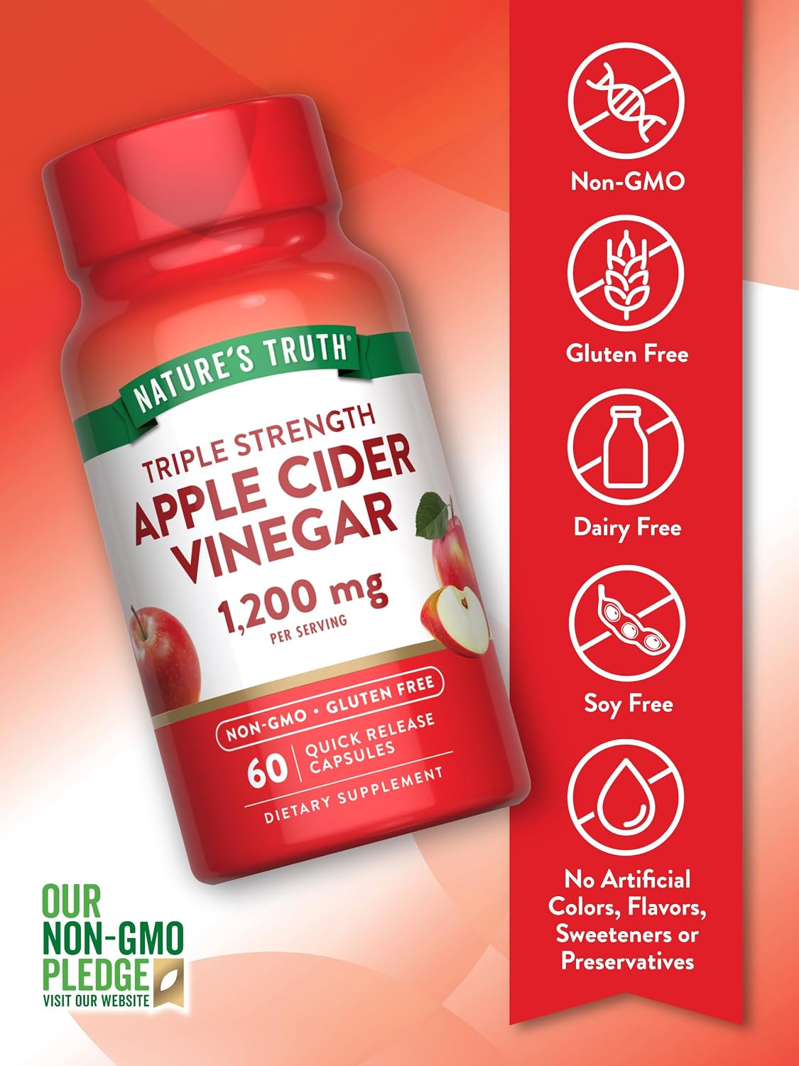 Nature's Truth Apple Cider Vinegar Capsules | 1200mg | Quick Release Pills | Non-GMO & Gluten Free Supplement | Non-GMO & Gluten Free Supplement