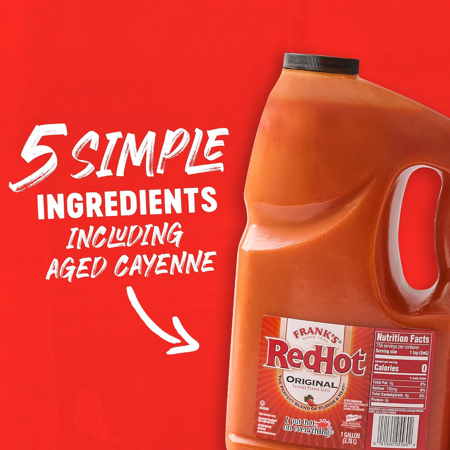 Franks RedHot Original Cayenne Pepper Hot Sauce, 1 gal - One Gallon Bulk Container of Cayenne Pepper Hot Sauce to Add Flavorful Heat to Entrees, Sides