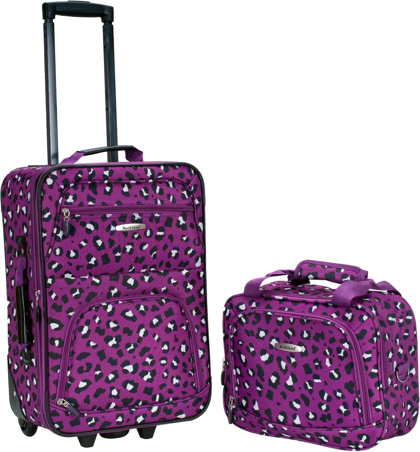 Rockland Fashion Softside Upright Luggage Set,Expandable, Telescopic Handle, Wheel, Black Dot, 2-Piece (14/19)