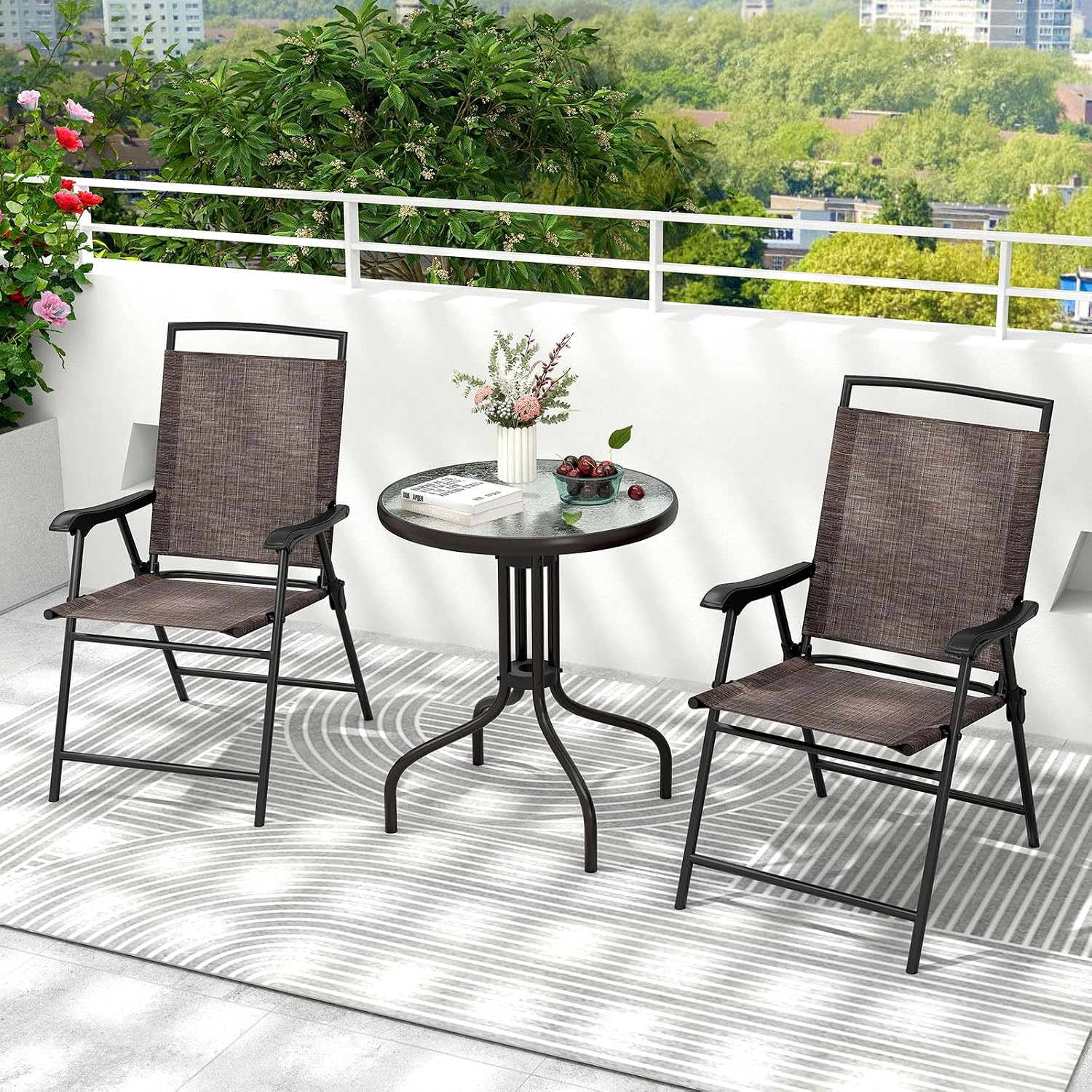 S AFSTAR 3-Piece Bistro Set, Patio Furniture Set for Outdoor Poolside Balcony Garden Yard, 28" H Outdoor Round Table and 2-Pack Folding Chairs