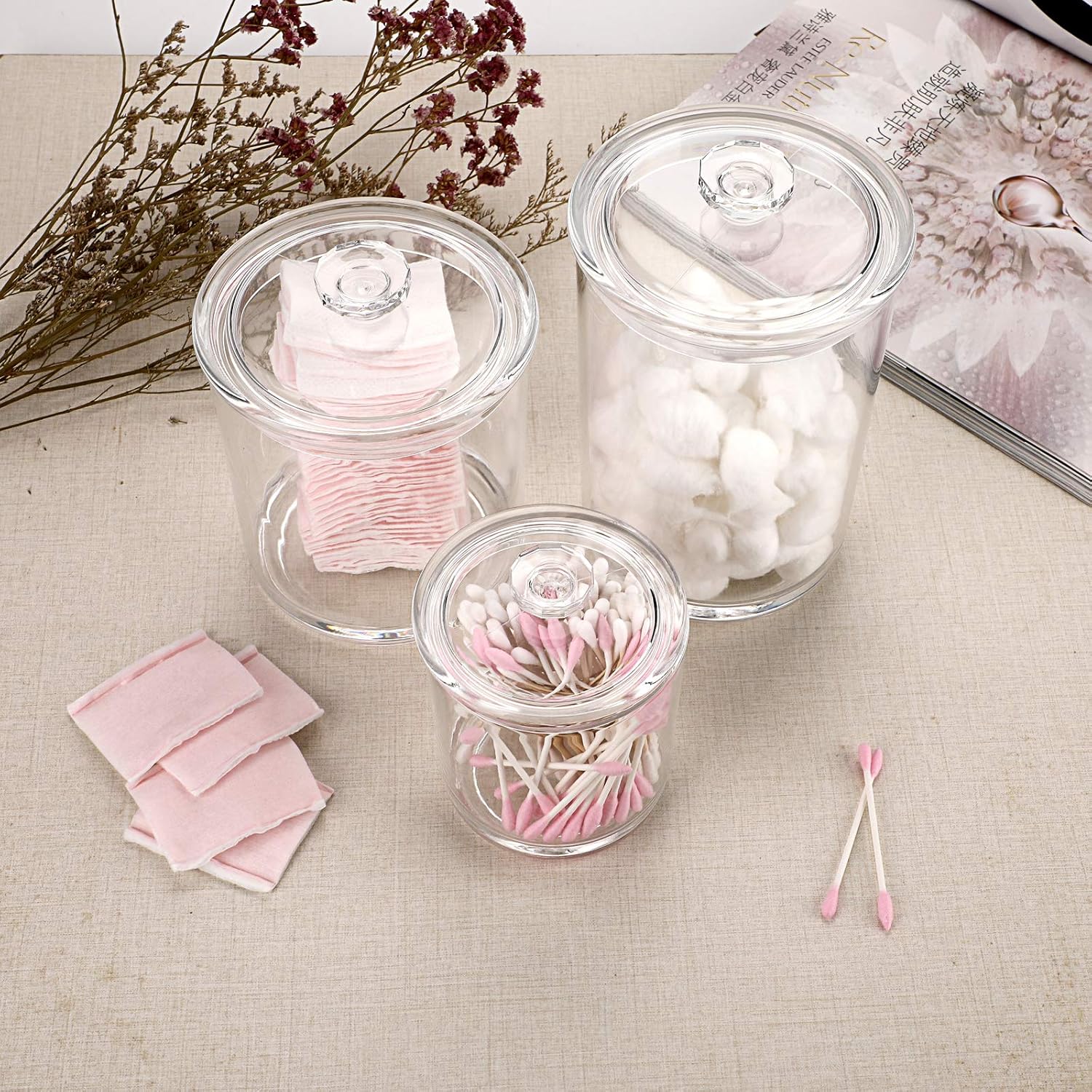 Hipiwe Clear Plastic Apothecary Jars with Lid, Set of 3 Large Q-Tips Holder