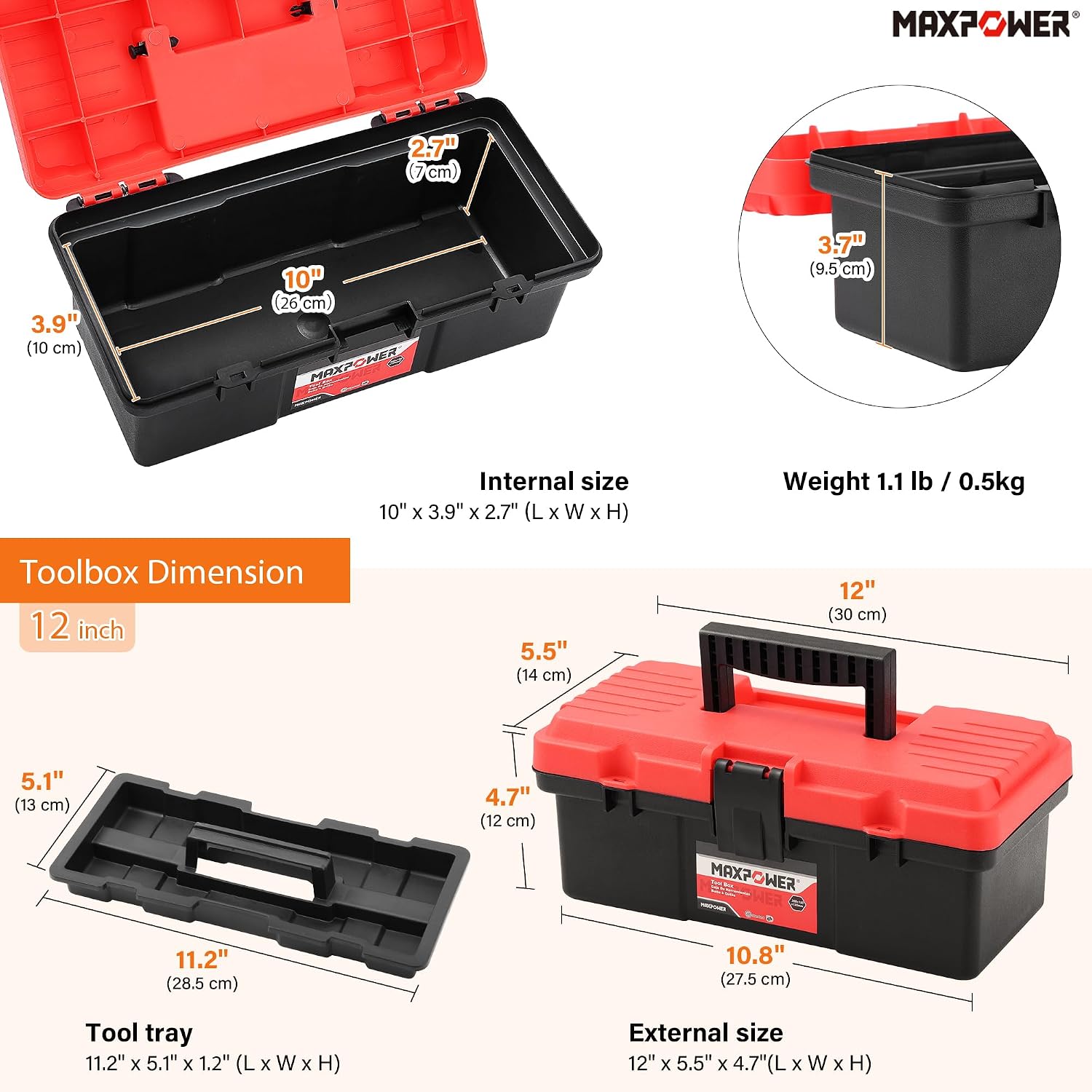 MAXPOWER Small Tool Box, 14-inch Plastic Tool Boxes with Handle | Removable Tray with Dual Lock Secured, Red Toolbox for Home