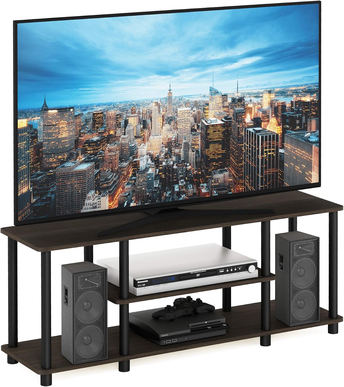Furinno Turn-N-Tube No Tools 3D 3-Tier Entertainment TV Stand up to 50 inch TV, Round Tubes, French Oak Grey/Black | for TV up to 50 Inch, Open Frame Rectangular Entertainment Center with Storage Shelf, TV Console, for Living Room, Bedroom