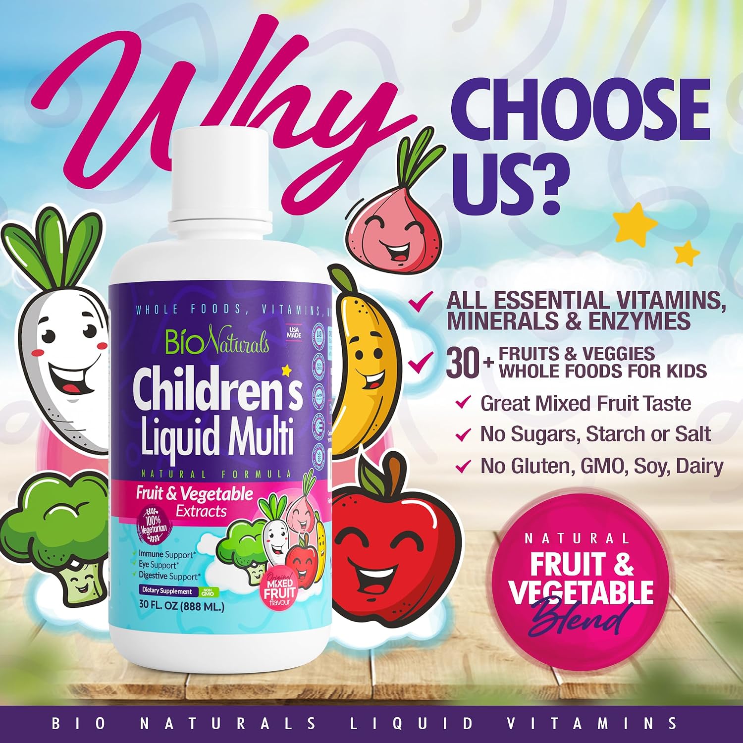 Children's Liquid Multivitamin & Immune Booster - Natural Supplement for Kids & Toddlers with Vitamins A B C D3 E, Fiber