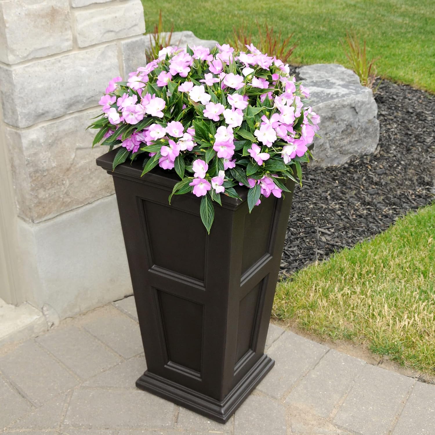Mayne Fairfield 28in Self-Watering Tall Square Planter, Black | Self-watering, All season, Fade resistant, Reversible planting shelf, 15-year warranty