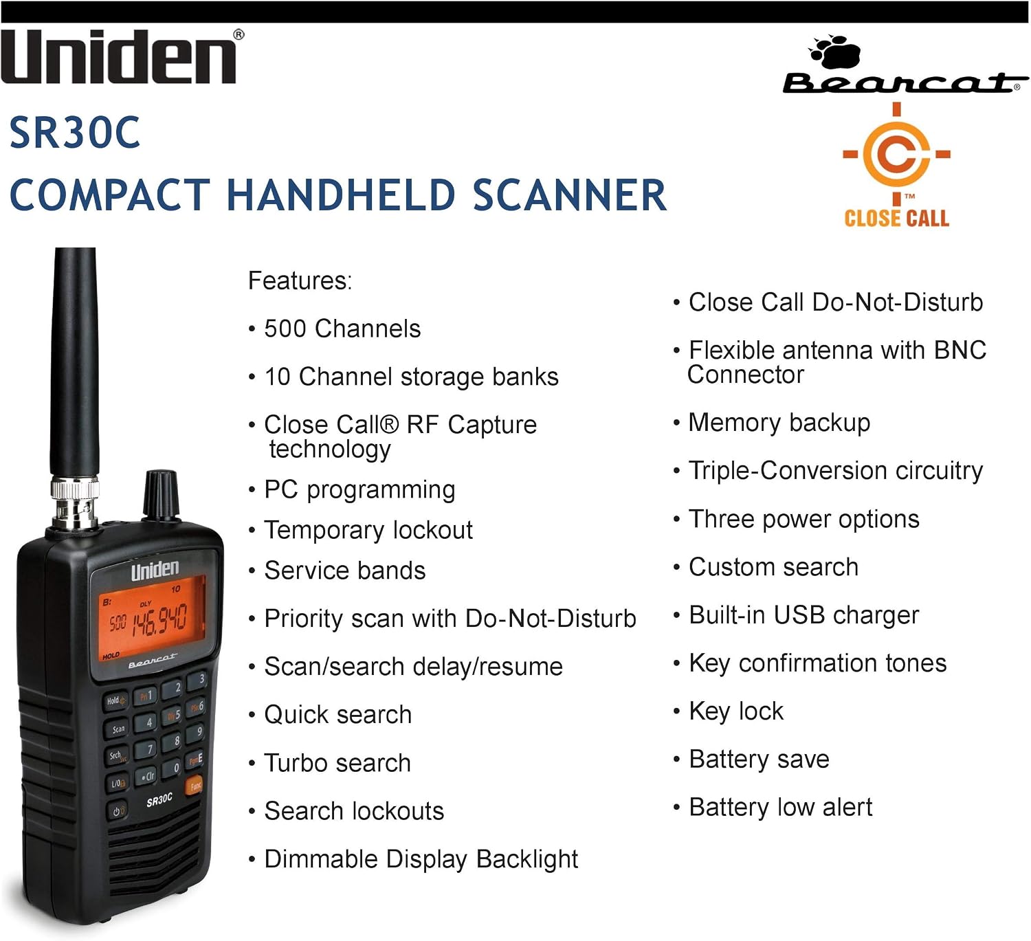 Uniden Bearcat SR30C, 500-Channel Compact Handheld Scanner, Close Call RF Capture, Turbo Search, PC programable, NASCAR, Racing, Aviation, Marine