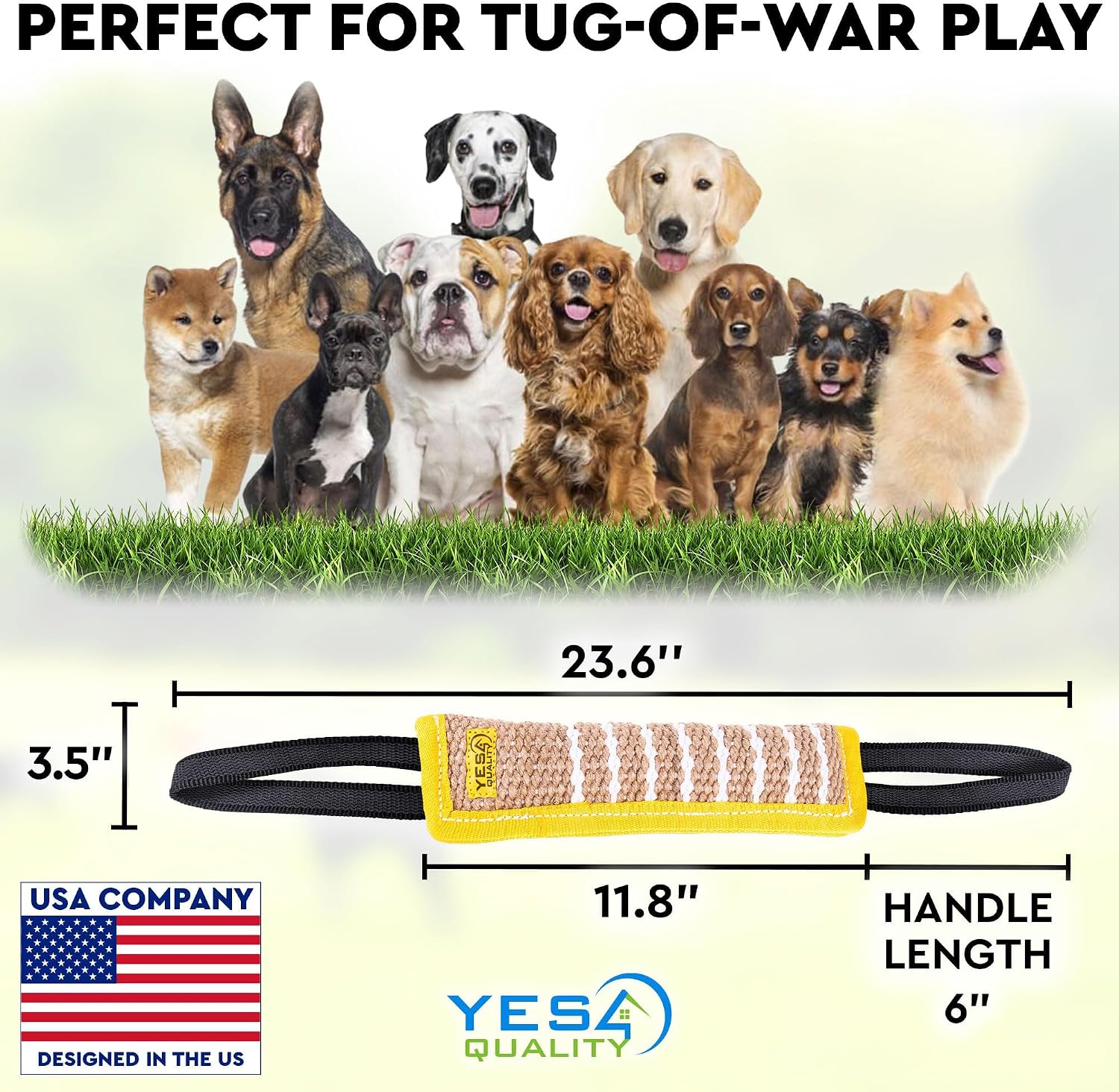 Dog Bite Tug Toy 12 x 3.2 Inches - Durable Pull Toy with 2 Soft & Strong Handles - Tough Jute Bite Pillow for Medium to Large Dogs - Ideal for Tug