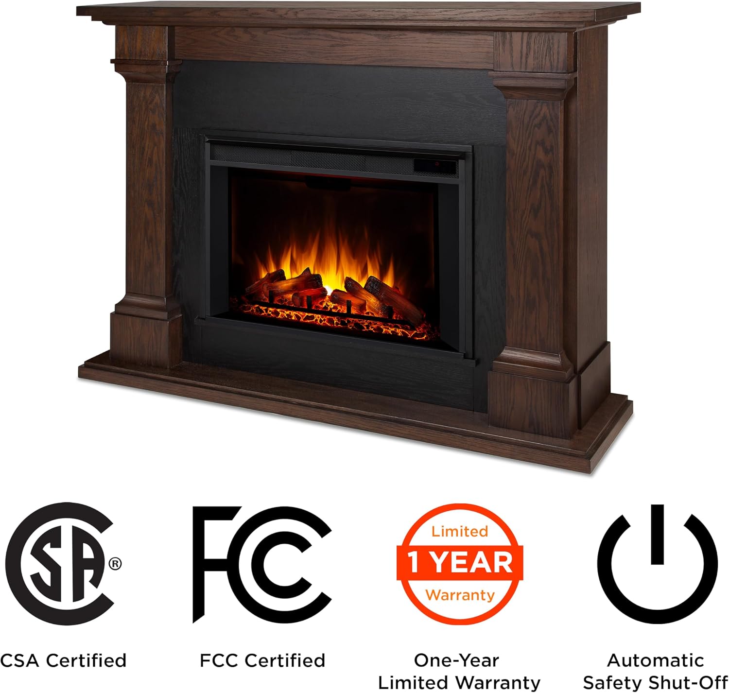 Real Flame Callaway 63" Grand Electric Fireplace with Mantel in Chestnut Oak, Free-Standing Oversized Indoor Electric Fireplace with Mantel