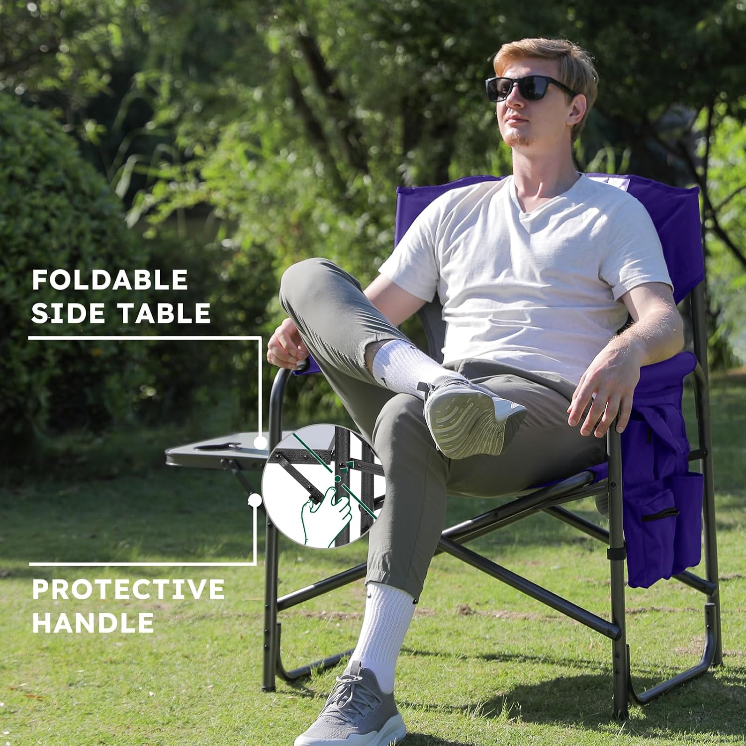 Colegence Oversized Directors Camping Chair for Adults, 600 lb, Black | Heavy duty folding outdoor chair with 28" wide seat, supportive back, side table, cup holder and detachable storage pocket