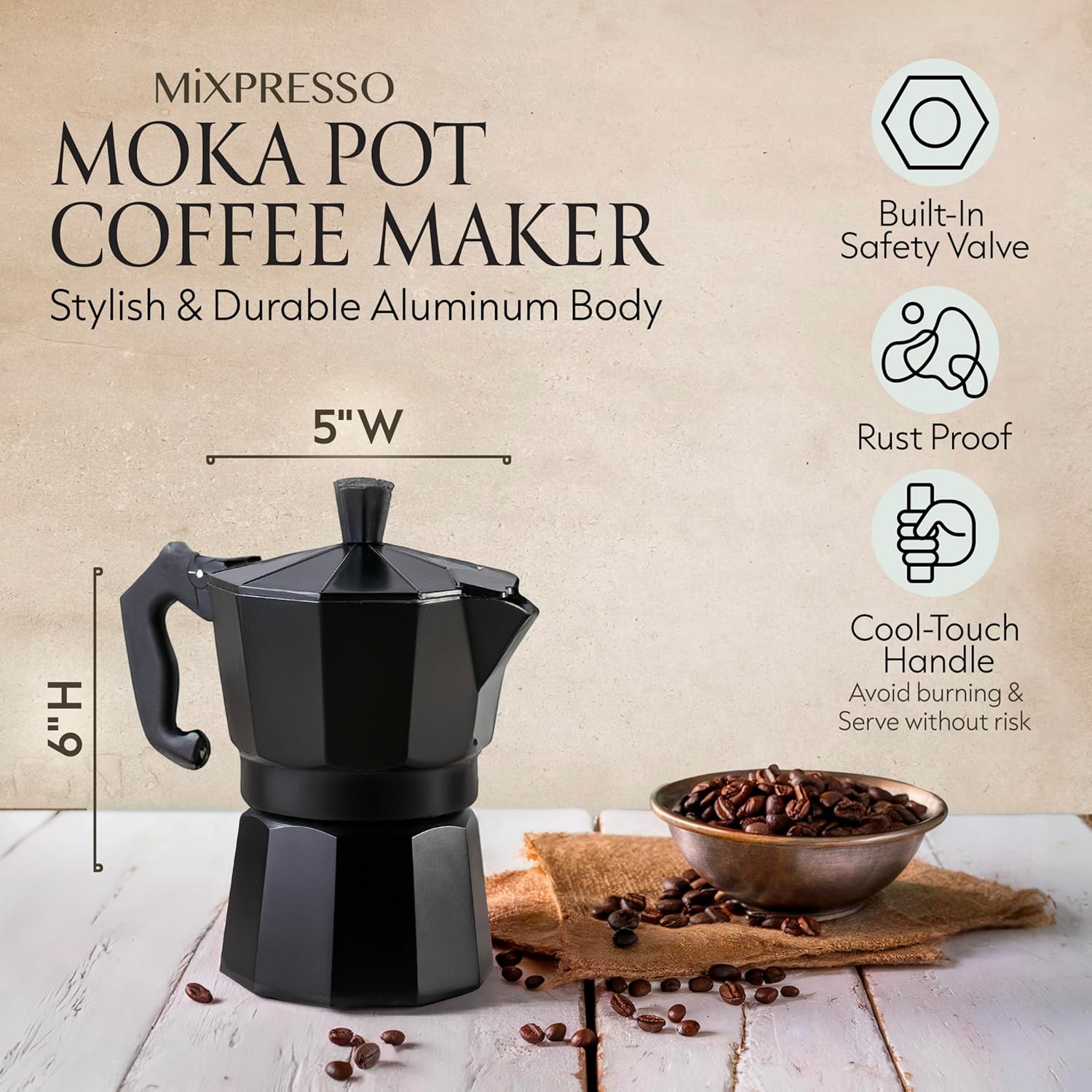 Mixpresso 3 Cup Moka Pot Stovetop Espresso Maker, Italian Cuban Coffee Pot