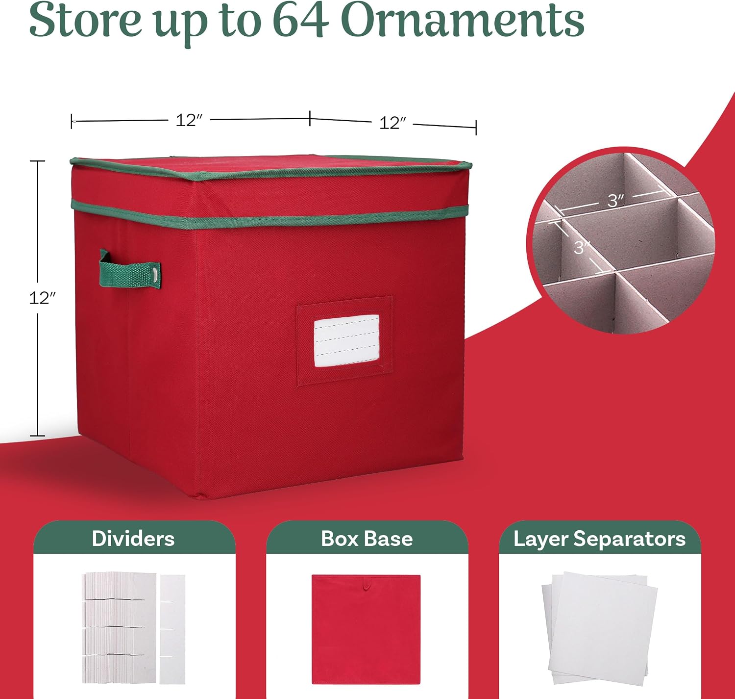 Christmas Decor Storage Box - Red Oxford Canvas Ornament Cube Chest With 64 Compartment Dividers, Riveted Handles, and Lid by Elf Stor