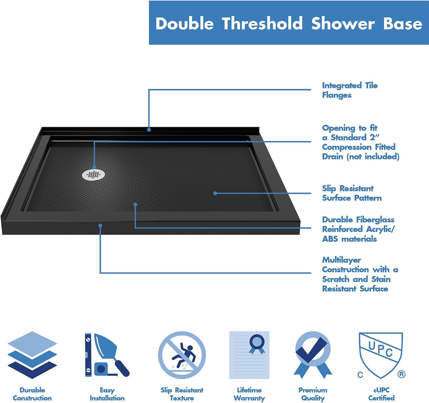DreamLine SlimLine 34 in. D x 48 in. W x 2 3/4 in. H Right Drain Double Threshold Shower Base in White, DLT-1034482